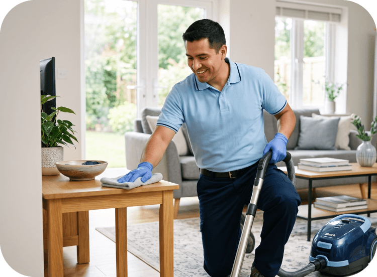 Cleaner in gloves and mask cleaning a window shutter