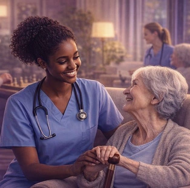A nurse in blue scrubs kneeling beside a smiling older woman in an armchair in a care home lounge