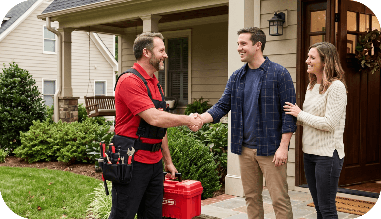 A TEKTO CNCT handyman shaking hands with the couple who booked him, outside their front door