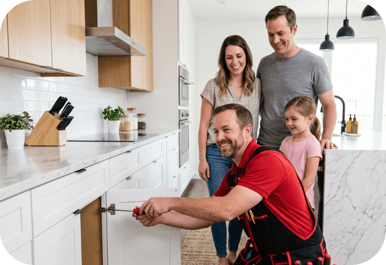 A TEKTO CNCT handyman fitting a kitchen cupboard while the family who booked him look on
