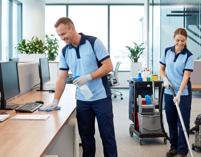 Two TEKTO CNCT cleaners in uniform cleaning desks and vacuuming an open-plan office